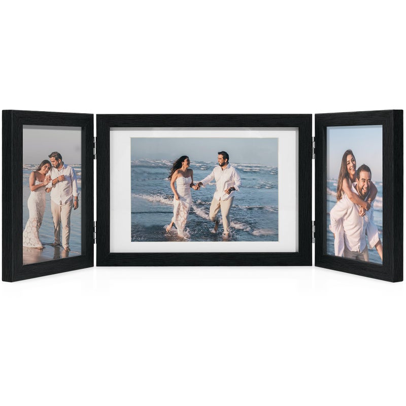 Afuly 5x7 Picture Frame Black 4x6 3 Picture Frames Collage Hinged Folding Triple Photo Frames Home Decor for Wall Desktop Christmas Wedding Birthday Gifts for Women Mom Grandma Family, 2*4x6+1*5x7 - Image 1